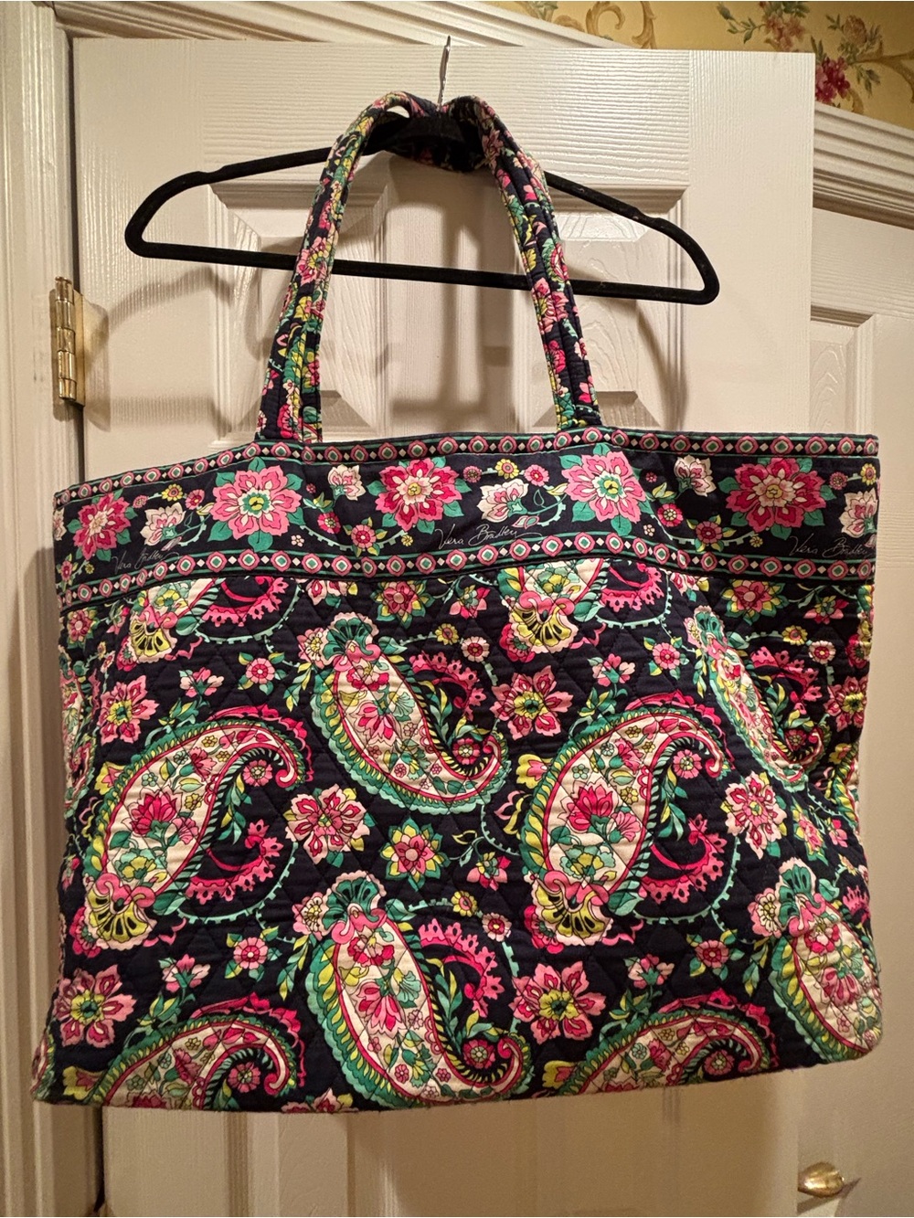 Vera Bradley Quilted Paisley Tote in Navy, Pink, Green and Cream